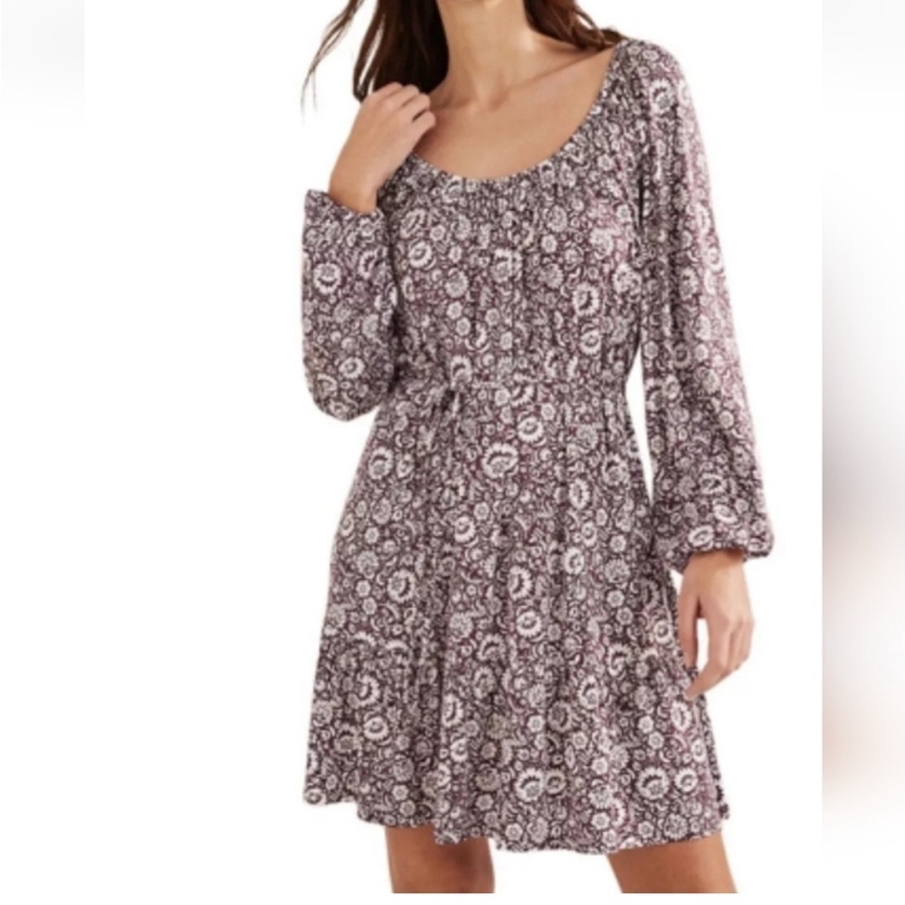 Boden Purple White Scoop Tiered Jersey Mini Dress Long Sleeve Womens Size 8L